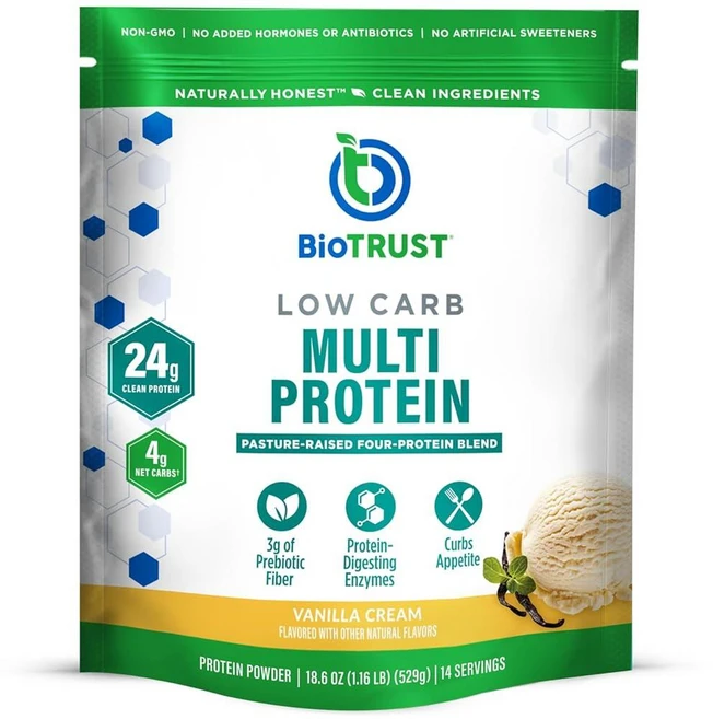 193016 BioTRUST 바이오트러스트 저탄수화물 단백질 파우더 20oz 유청 카제인 블렌드 글루텐 카페 모카, 바닐라, 14회 분량(1개입), 529g - 쿠팡