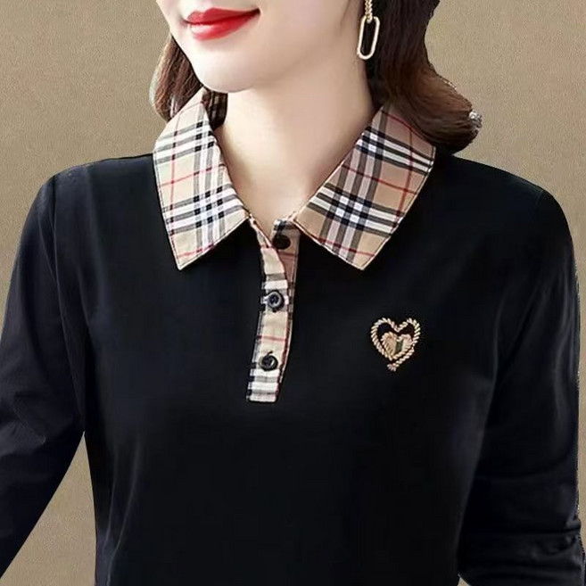 중년여성 빅사이즈 폴로넥 긴팔 티셔츠 봄가을 간절기 스판 엄마룩 터틀넥 체크패치 트레이닝 골프 슬림핏 아우터 상의