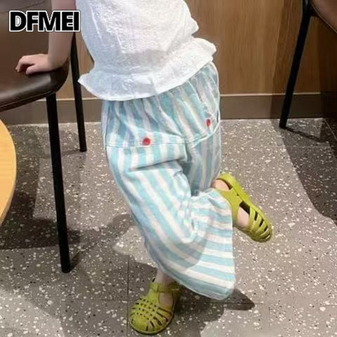 DFMEI 童裝女童套裝夏季寶寶白色背心兒童條紋防蚊褲