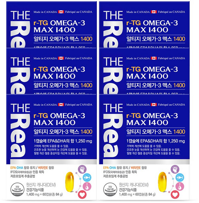더리얼 고함량 저온 초임계 알티지 RTG 오메가3 맥스 1400 1박스, 60회분, 6박스
