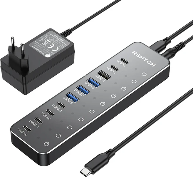 RSHTECH 10 in USB C 허브 터치 스위치 포함 MacBook 노트북 멀티포트 분배기 도킹 스테이션, 02 EU Plug Adapter