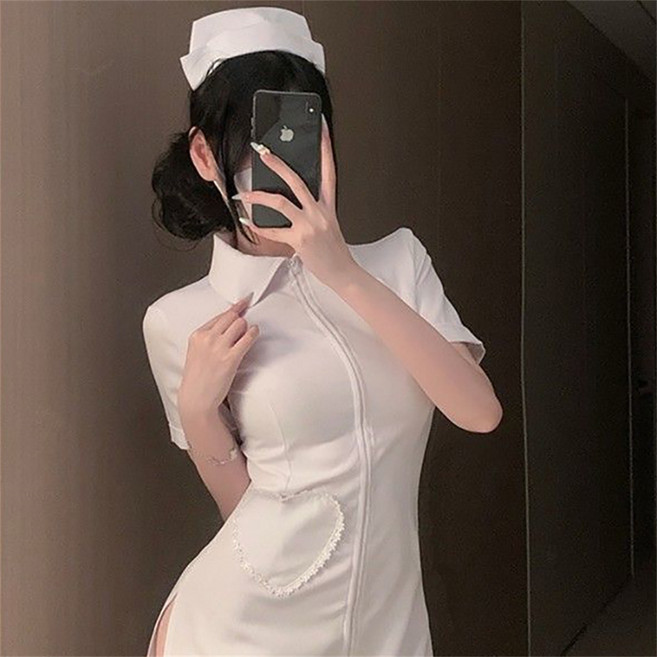 Vezri 할로윈 여성 간호사 코스프레 섹시 의상 짧은 소매 미니 드레스, M, 화이트, 1개