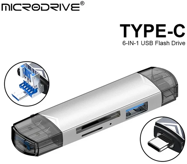 OTG C 타입 SD TF 카드 리더 마이크로 USB 플래시 드라이브 어댑터 고속 전송 다기능 허브 6 in 1 2.0, 02 6 IN 1 Silver
