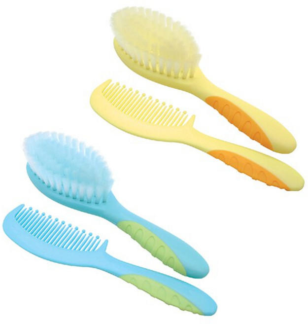 德國 NUK 嬰兒梳子組 (顏色隨機出貨) 柔軟刷毛 呵護寶寶頭皮 促進血液循環, 藍或黃, 1套