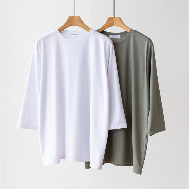 코코세븐 1+1 여성 빅사이즈 트랜디 7부 소매 라운드 무지 레이어드 반팔티셔츠