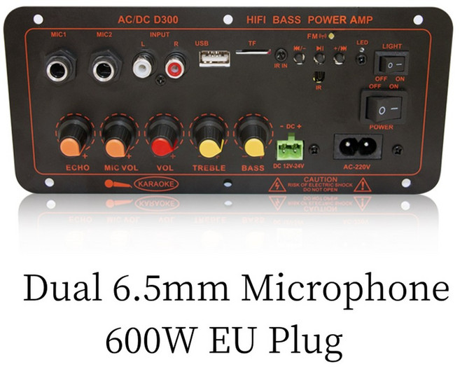 Bluetooth 5 0 오디오 600W 증폭기 보드 D300 서브우퍼 듀얼 마이크 AMP Amplificatore 모듈 12V 24V 220V 미디어 플레이어, 1) 600W EU Plug
