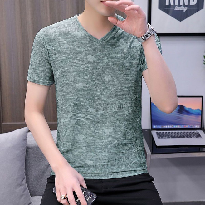 지고다그 남성용 여름용 냉장고 브이넥 반팔 티셔츠 슬림핏 통기성 얇은 원단 캐주얼 반팔 티셔츠 YYA1069