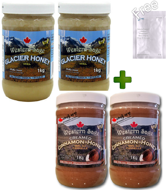 웨스턴세이지 캐나다 석청 빙하 꿀 허니 계피꿀 4병세트+멀티비타민 캐나다 직배송, 1kg, 4개