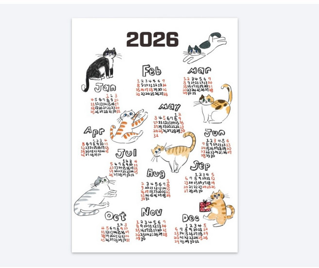 2026년 고양이 강아지 일러스트 달력 제작 대량구매, 1매