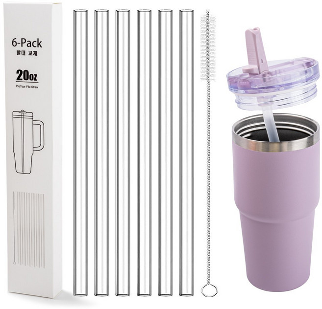 LJL 스탠리 퀜처 프로투어 플립 스트로 호환 빨대 내장용 6개+세척솔 1개, 1세트, 591ml, 투명