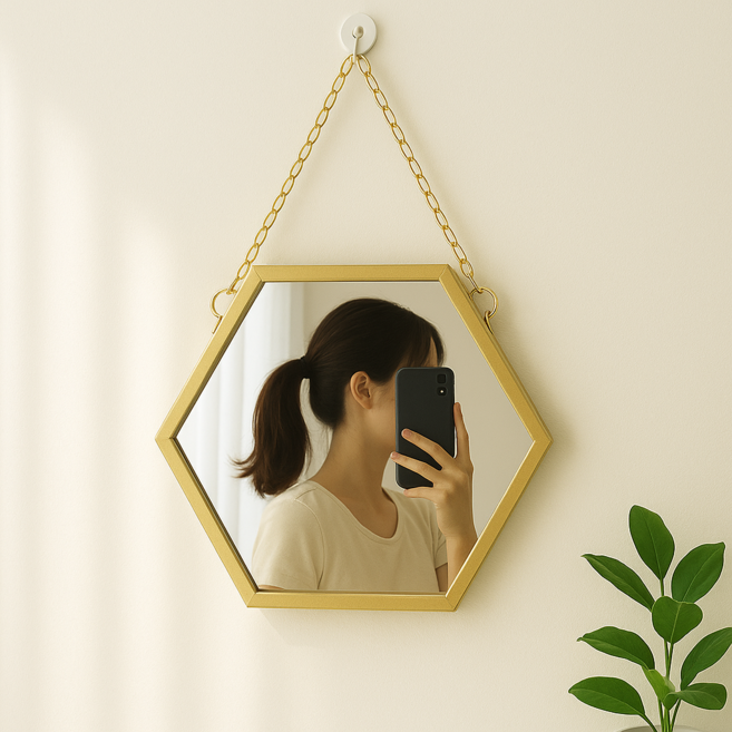 하스몰 북유럽 육각형 체인 모던 심플 벽걸이 인테리어 거울 원룸 자취방 신혼집 꾸미기, 골드