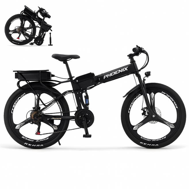 헨릭스 전기자전거 접이식 pas 출퇴근 배달 mtb 산악 로드 전동자전거 26인치 48V, Black, 하이텐강