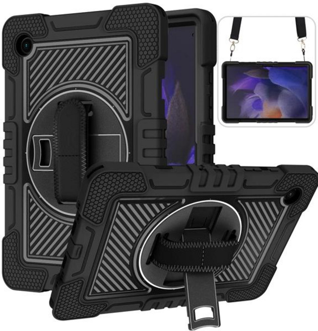 [댐프더스터 청소스펀지] 삼성 호환 갤럭시 탭 A8 10.5 A9 Plus 11 A7 Lite 8.7 태블릿 커버 군용 충격 방지 어린이 케이스 회전식 스탠드 핸드 스트랩, [00] Black