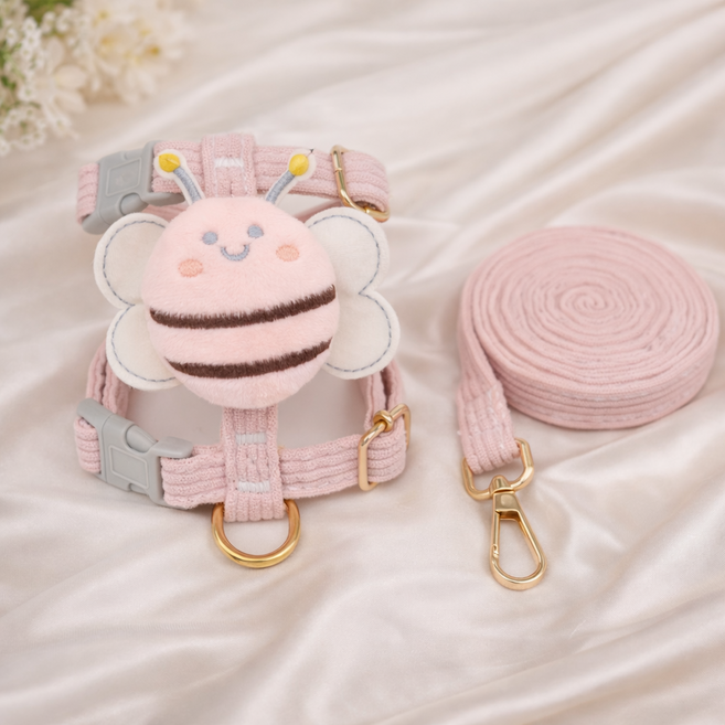 멜로우위시 강아지 고양이 꿀벌 H형 하네스 리드줄 세트 120cm, 파스텔 핑크, 1개