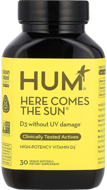 HUM Nutrition Where Comes The Sun® 고효능 비타민D3 비건 소프트젤 30정(소프트젤 1정당 50mcg) Nutrition (험 뉴트리션), HUM 뉴트리션 Where Comes The Sun 고, 1개 - 쿠팡