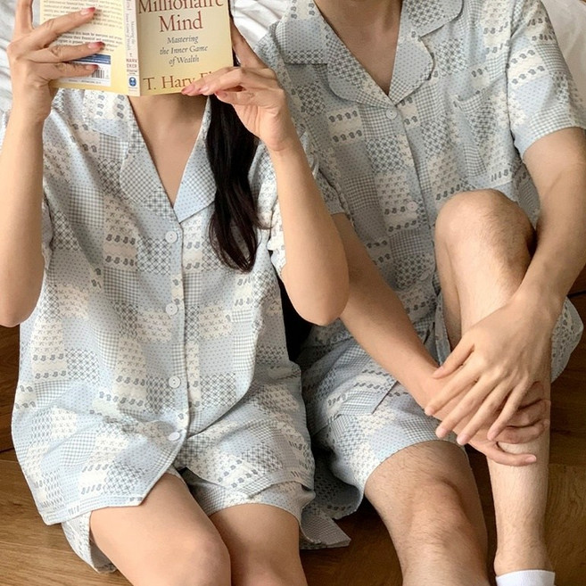 남성 여성 캐릭터 체크 파자마 반팔 잠옷세트