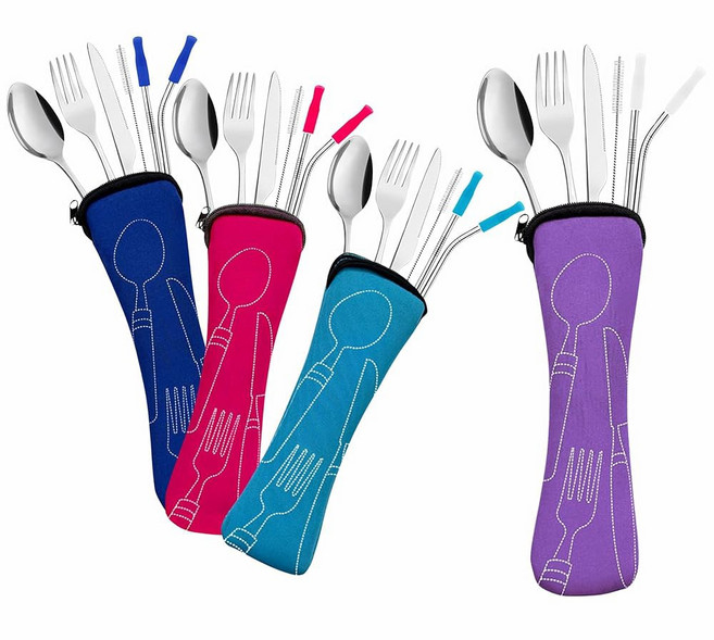 케이스 4팩이 포함된 여행 도구 세트 재사용 가능한 스테인리스 스틸 휴대용 식기 포크 스푼 나이프 빨대 클리너 작업 기숙사 캠핑 도시락 에코베리의 컴팩트 내구성 실버웨어, Multicolor