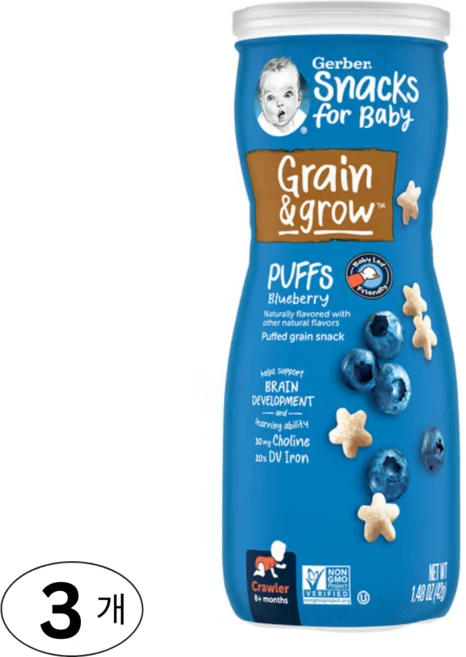 거버 아기용 간식 곡물 및 성장 퍼프 곡물 간식 8개월 이상 1.48온스, 42g, 3개, 블루베리 - 쿠팡