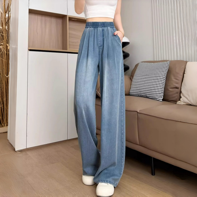 VIISHOW 여성 텐셀 허리밴딩 청바지 하이웨스트 와이드팬츠
