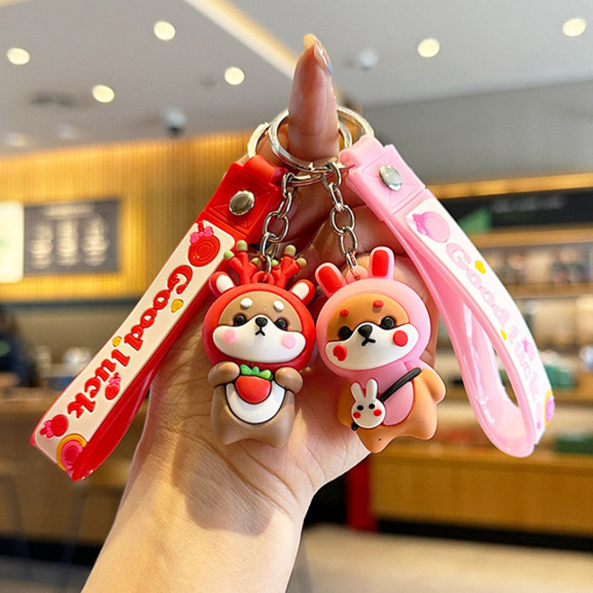 시바견 키링 강아지 인형 가방 키홀더 열쇠고리 귀여운, 1개, 핑크레드