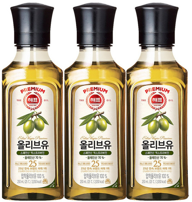 해표 압착 올리브유, 250ml, 3개