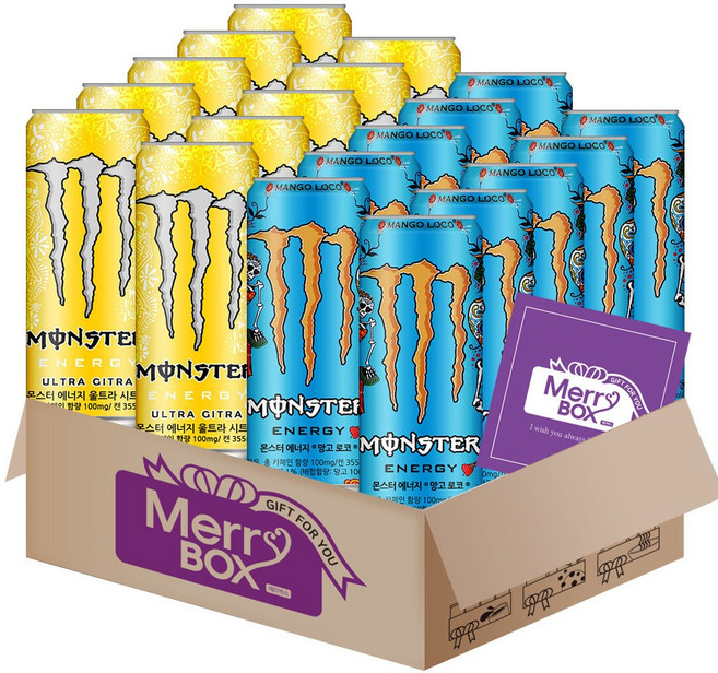 [메리박스]355ml x 20캔 혼합구성 몬스터 에너지드링크 울트라 시트라 펀치 울트라썬라이즈 망고로코 피치킨+메세지카드, 20개, 355ml, 세트06){시트라10+레몬10}