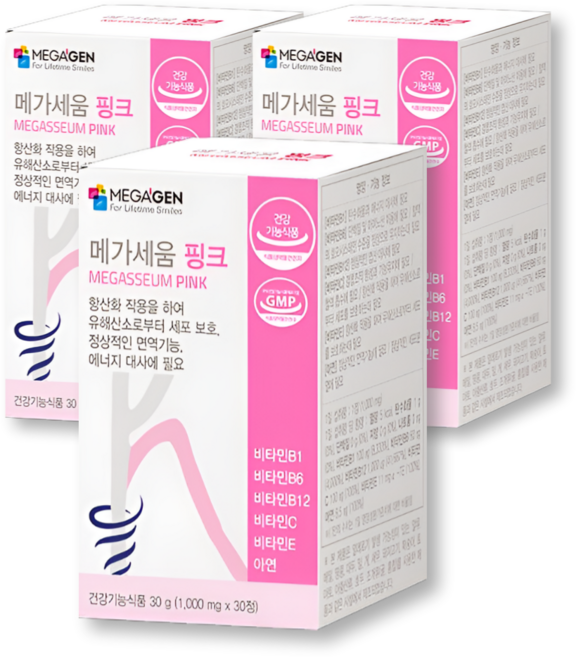 메가세움 핑크 멀티 비타민 B1 B6 B12 C E 아연 1000mg, 3개, 30정
