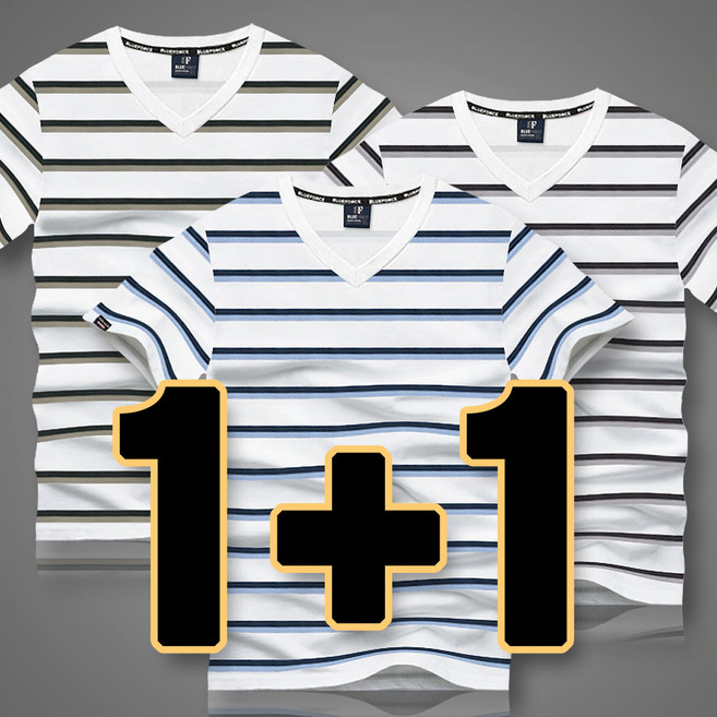 하트비트 제쿠린 브이넥 단가라 반팔티 1+1 세트 [2장 묶음] 베이직핏 스트라이프 티셔츠 [국내생산]