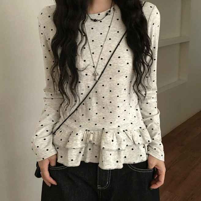 COSYEVNO 여성 봄가을 도트 프릴 밑단 슬림핏 긴팔 티셔츠 TZKcxtx-5