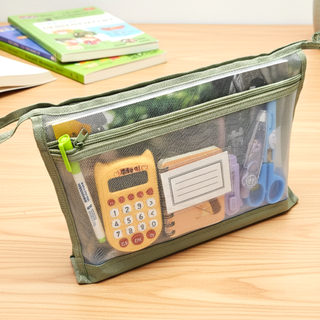 트루행센 메쉬 지퍼 북 파우치 대용량, 1개, 그린