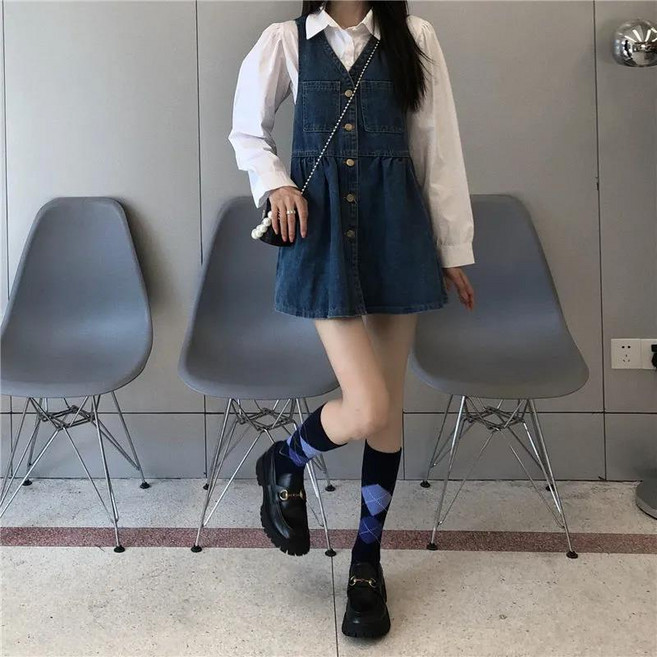 粉色牛仔吊帶連衣裙 女學生 夏季新款寬鬆顯瘦甜美短裙, 深藍色 【高品質】,S 80-95斤