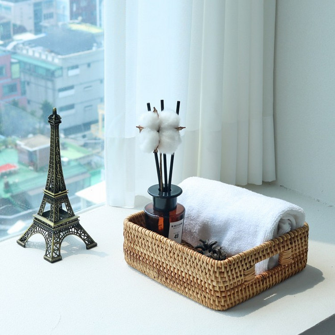 라탄 원형 사각 육각 트레이 바구니 바스켓 인테리어, 손잡이 정사각 트레이 (소), 1개