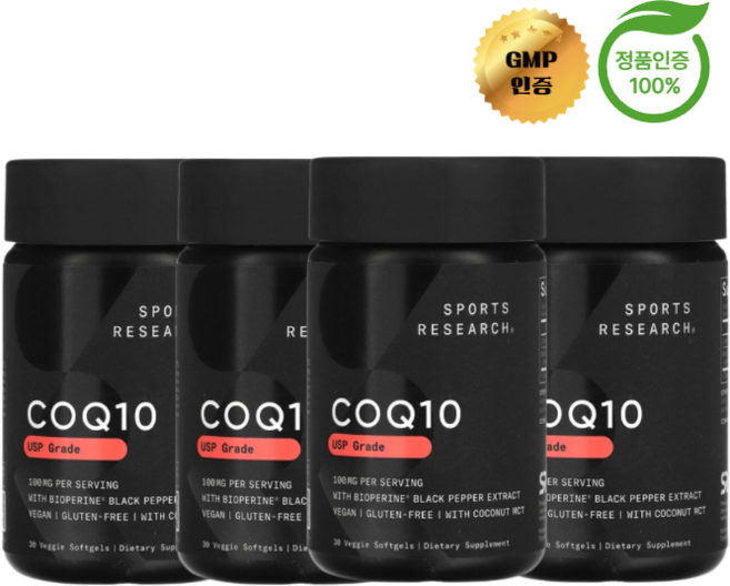 2+2 스포츠 리서치 코큐텐 CoQ10 USP 등급 바이오페린 함유 100mg 베지 소프트젤 30정, 4개