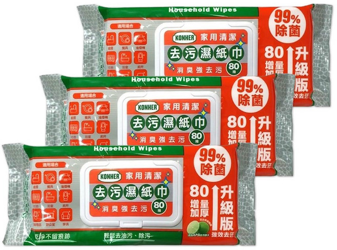 KONHER 家用清潔去污濕紙巾 80抽(有蓋), 3個