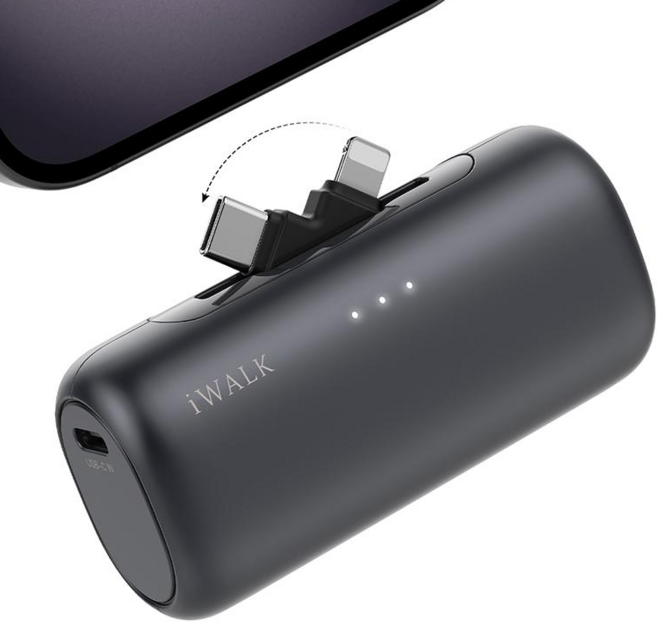 아이워크 iWALK 듀얼 커넥터 도킹형 미니 보조배터리 5000mAh PD 15W 초고속충전 일체형 아이폰 갤럭시 2in1 휴대용 잔량표시, 블랙