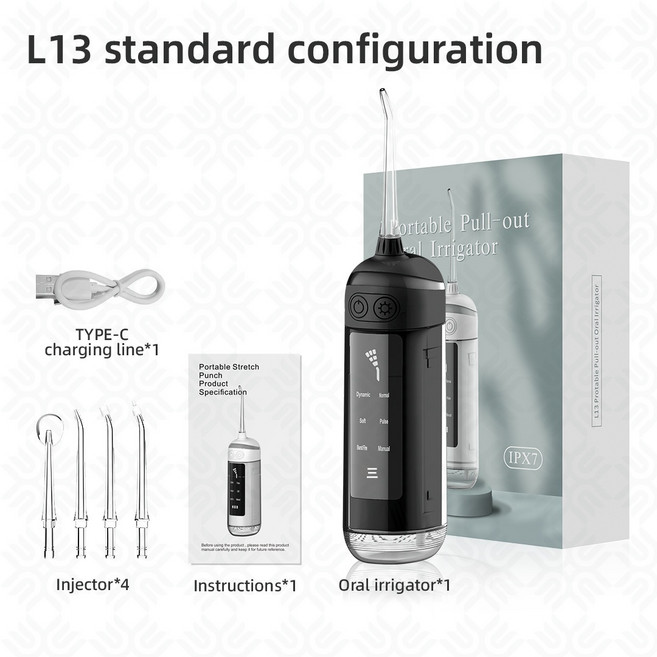 Σ"PULY 便攜式沖牙器，多模式深層清潔與IPX7防水設計, 黑色, L13