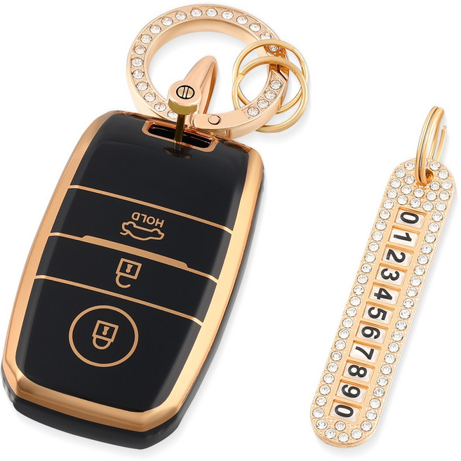OFFCURVE TPU 기아 자동차 엣지라인 3버튼 모닝 레이 풀커버 스마트키 적용 키케이스 키홀터 +열쇠고리+번호판 다양한 컬러, 블랙 골드+열쇠고리+번호판