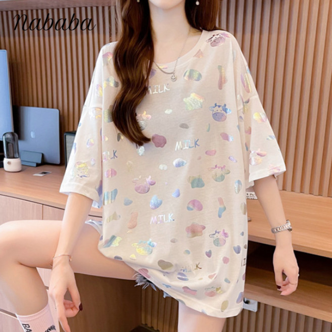 나바바 NT2556 여성 컬러풀 캐주얼 루즈핏 반팔 티셔츠