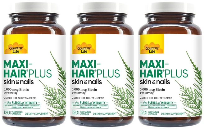 컨트리 라이프 맥시 헤어 플러스 스킨 & 네일 비오틴 5000mcg 120 베지 캡슐 3개 세트 Maxi Hair Plus 라이땡 레티닐팔미테이트 아스코르브산 티아민 리보플라빈, 120정 - 쿠팡
