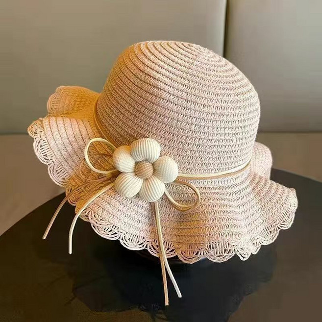 夏季可愛兒童戶外遮陽草帽鈕釦花裝飾帽子可摺疊編織透氣太陽帽帽子粉色均碼