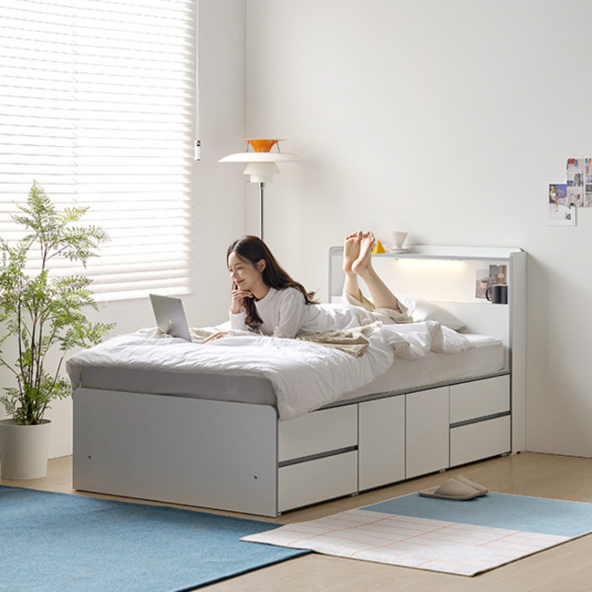 알파침대 프린 LED 2단 수납 침대프레임 방문설치, 화이트