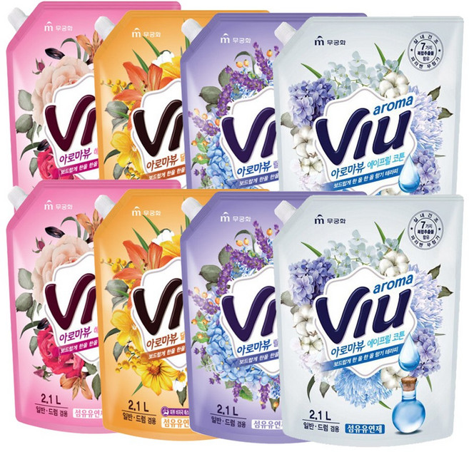 무궁화 섬유유연제 아로마뷰 4가지 향기 신상품 출시 - H.C, 코튼+로즈+라벤더+미모사, 8개, 2.1L