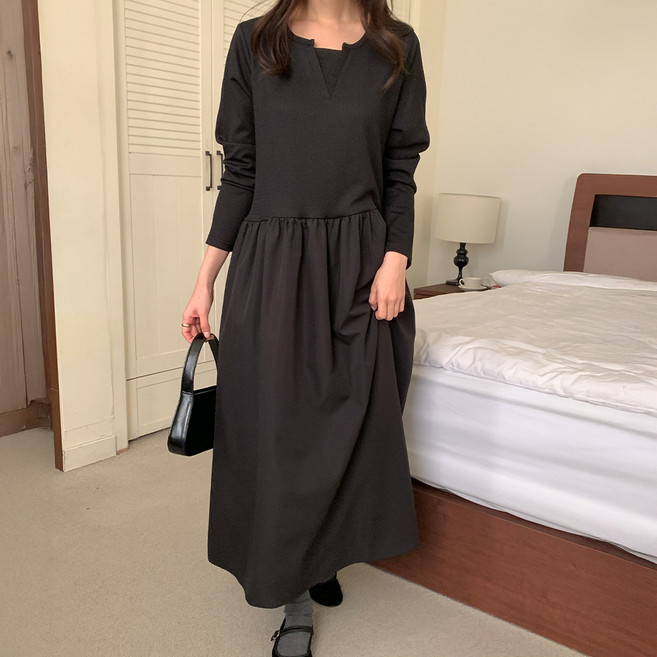 [~5XL/빅사이즈][MADE] 자체제작 99-180 체형커버 골지 직기 스커트 배색 삼각절개 샤링 긴팔 원피스 5620