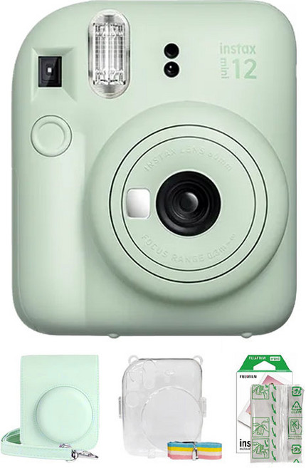 FUJIFILM Instax Mini 12 拍立得相機, 1個, instax mini 12 (綠)＋專用皮套＋水晶殼＋白邊底片10張