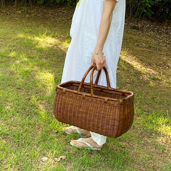 마이제너럴스토어 마론바스켓 대형 손잡이 사각 라틴 피크닉 라탄바구니, 브라운, 1개