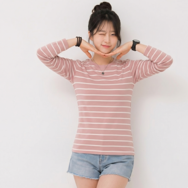 MS HOME 여성 라운드넥 면 티셔츠 스트라이프 긴팔