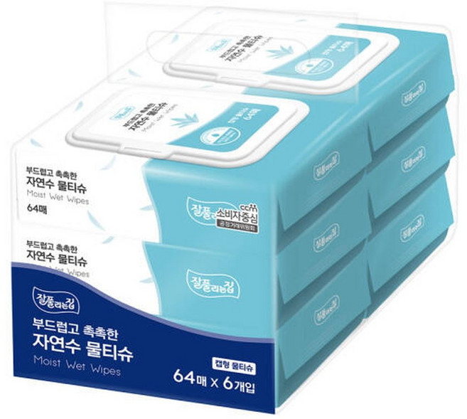 잘풀리는집 자연수 물티슈 캡형 64매 6입 (1박스 4팩), 4박스