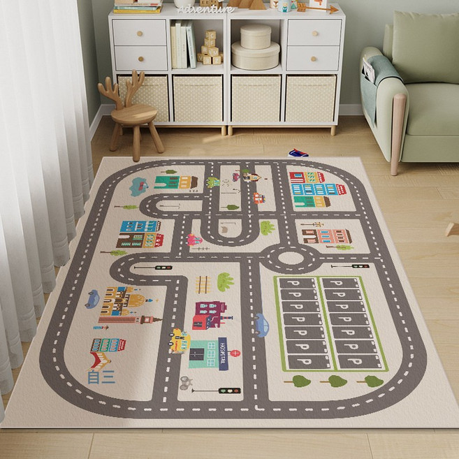 兒童遊戲地墊 汽車停車場主題爬行墊 遊戲娛樂區臥室閱讀區地毯, 陽光小鎮遊戲毯