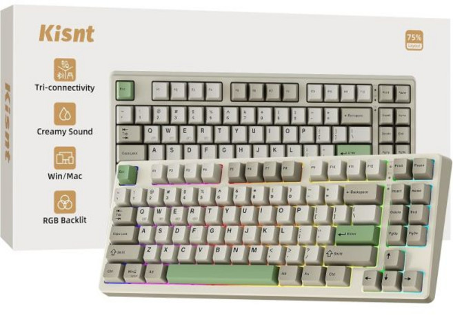 키스앤티 KN85 무선 기계식 게이밍 키보드 75 레이아웃 RGB 백라이트 맞춤형 핫스왑 크리미 사운드 블루투스2.4GHzUSBC 호환 윈도우맥PC용(레트로 베이지 선형 스위치, Kisnt 인더스트리얼 그레이