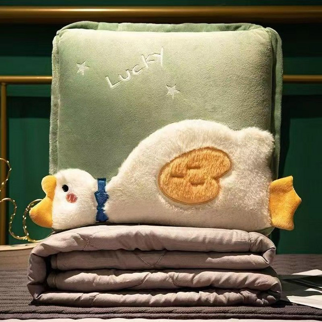 加厚抱枕被二合一汽車午睡枕, 小綠鵝 灰色水洗棉內膽, 1個